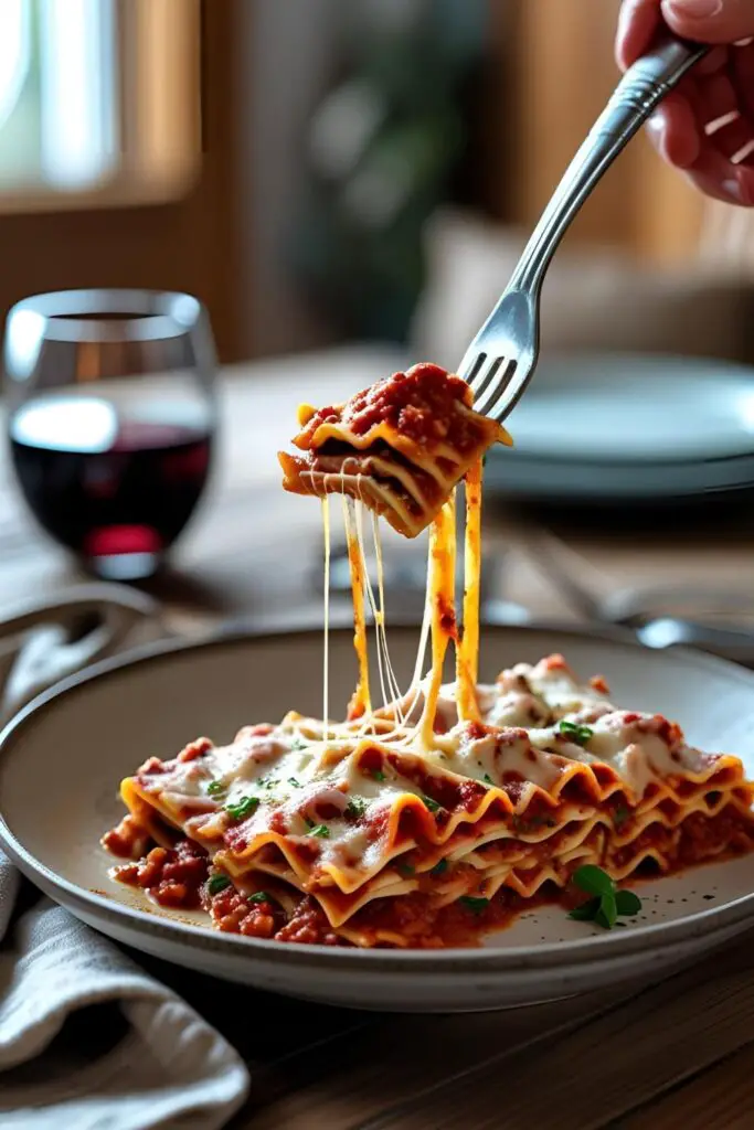 Bowl and plate of creamy mushroom lasagna with visible sauce and mushroom layers, garnished with parsley.