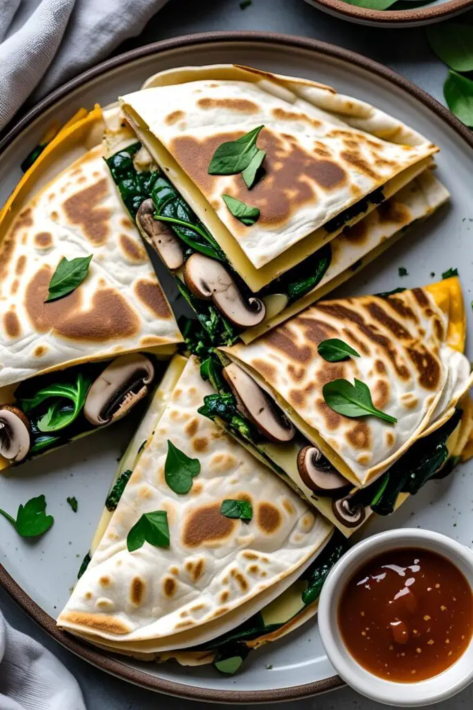Plate of healthy mushroom and spinach quesadillas garnished with fresh herbs and lemon wedges.

