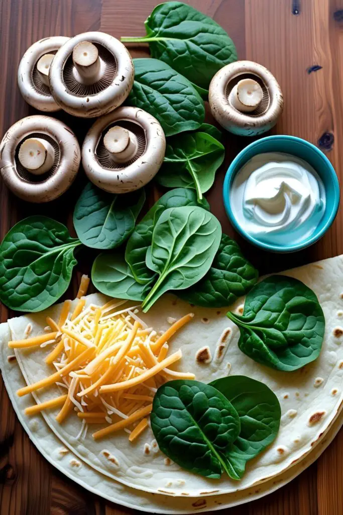 Overhead shot of mushroom and spinach quesadillas served with a side of salsa and sour cream.