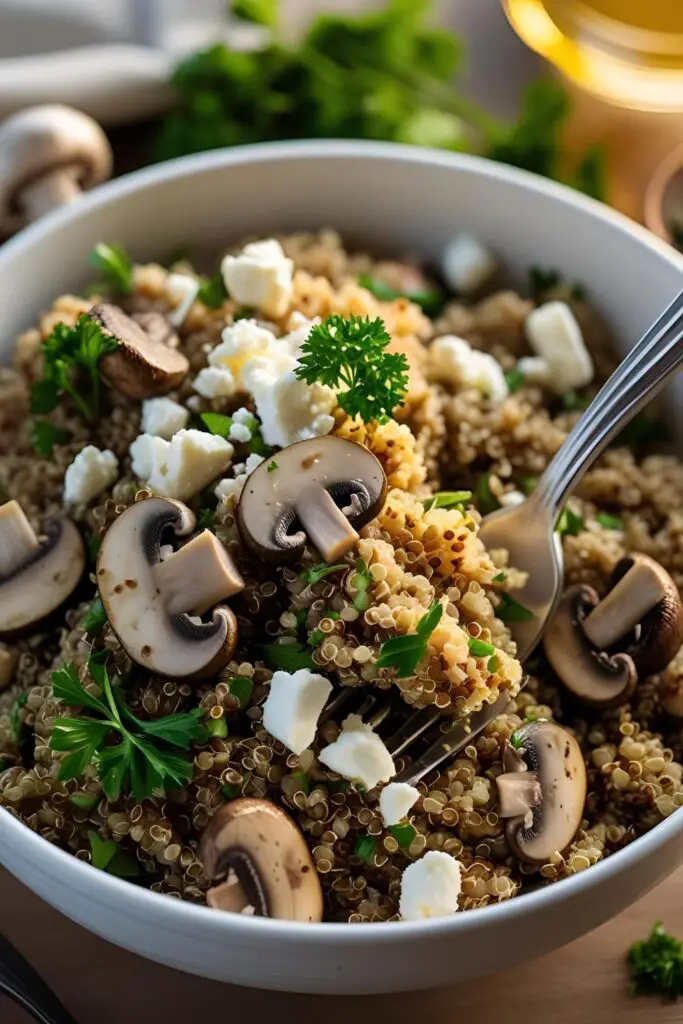  Overhead shot of warm quinoa salad with mushrooms and lemon wedges on the side, styled with clean, rustic elegance.
