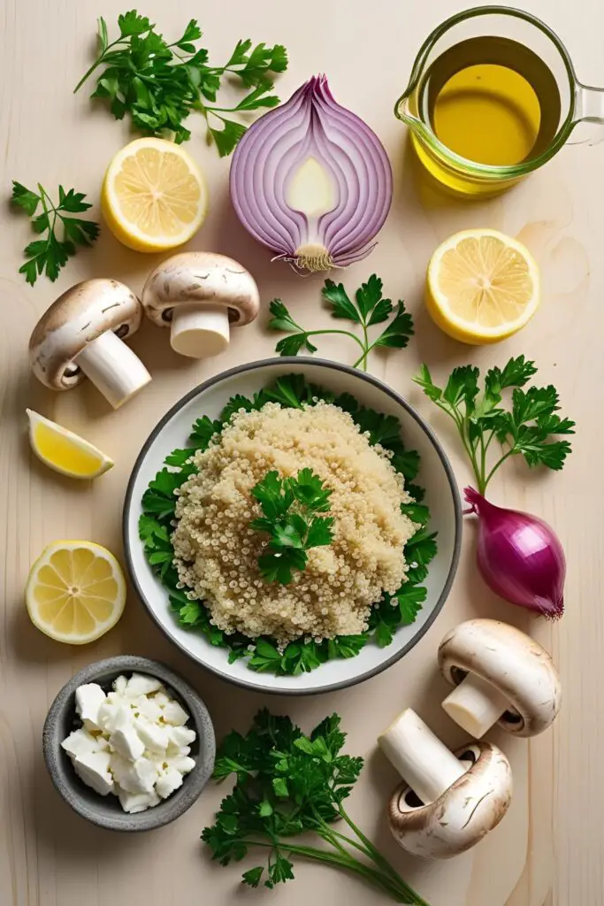 Healthy mushroom quinoa salad on white plate with golden fork, surrounded by fresh ingredients on a wood table.