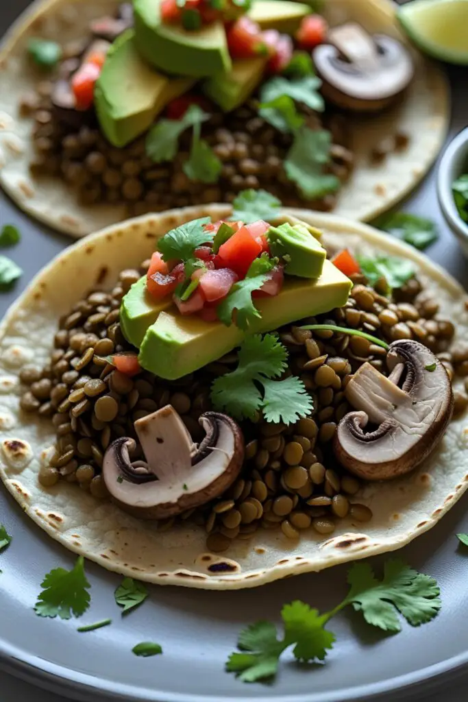 Two mushroom and lentil tacos served with avocado and cilantro on a wooden table.