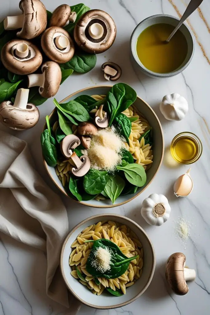  Close-up of creamy spinach and mushroom orzo in bowl