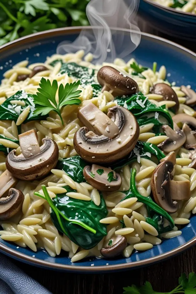  Close-up of creamy spinach and mushroom orzo in bowl