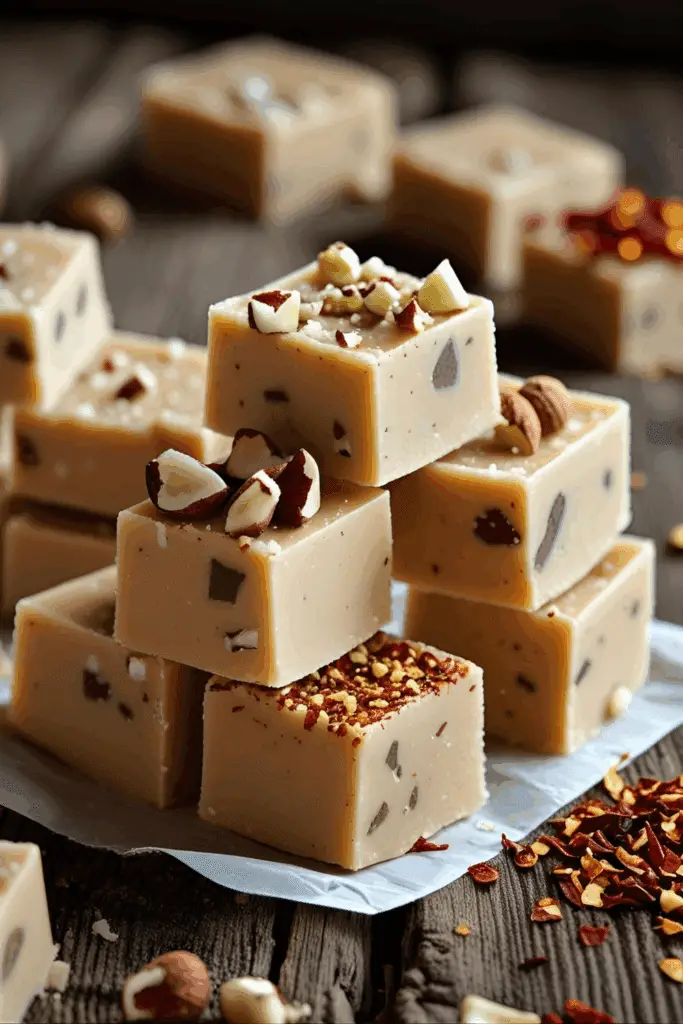 Fudge squares garnished with nuts on wooden board
