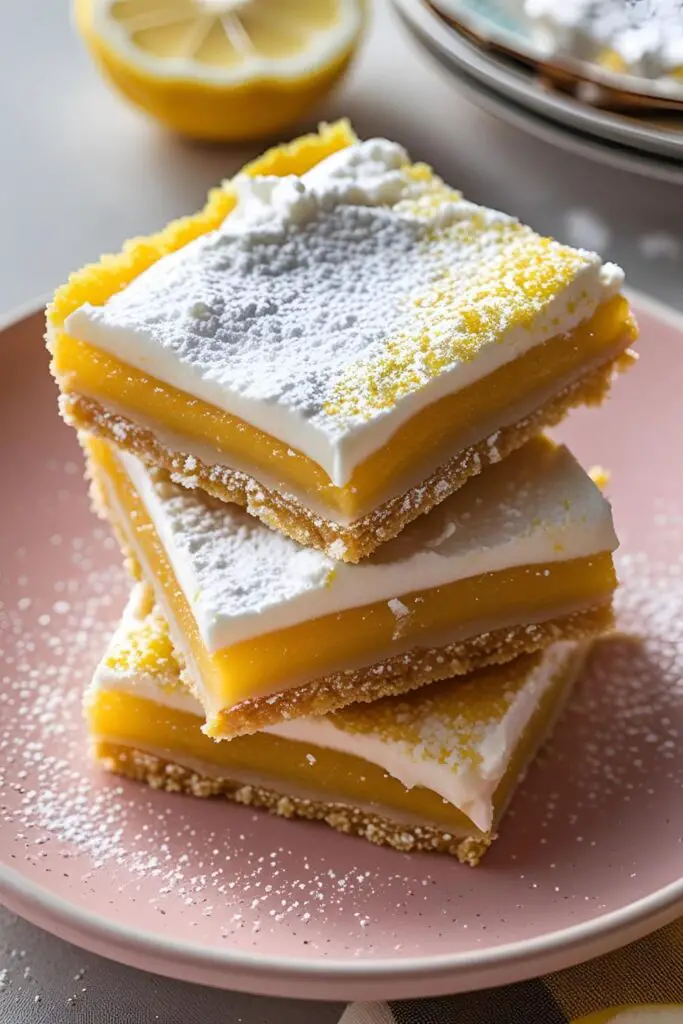 Close-up side view of cream-filled No‑Bake Lemon Bars Sunshine with lemon zest garnish.