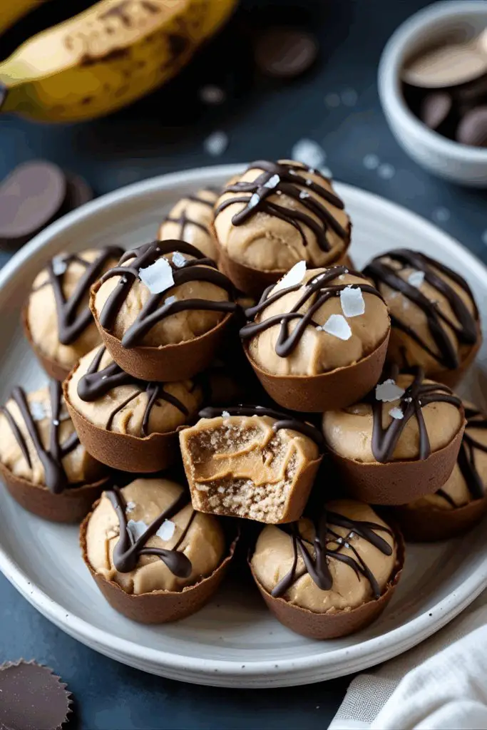 Top view of frozen peanut butter banana bites dipped in chocolate on parchment paper.