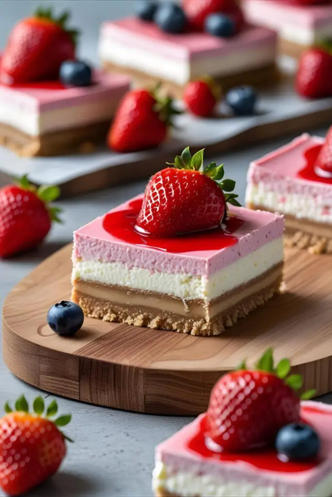 Platter of strawberry cheesecake bars garnished with fresh berries.
Enjoy that no-fuss cheesecake bliss! 🎉