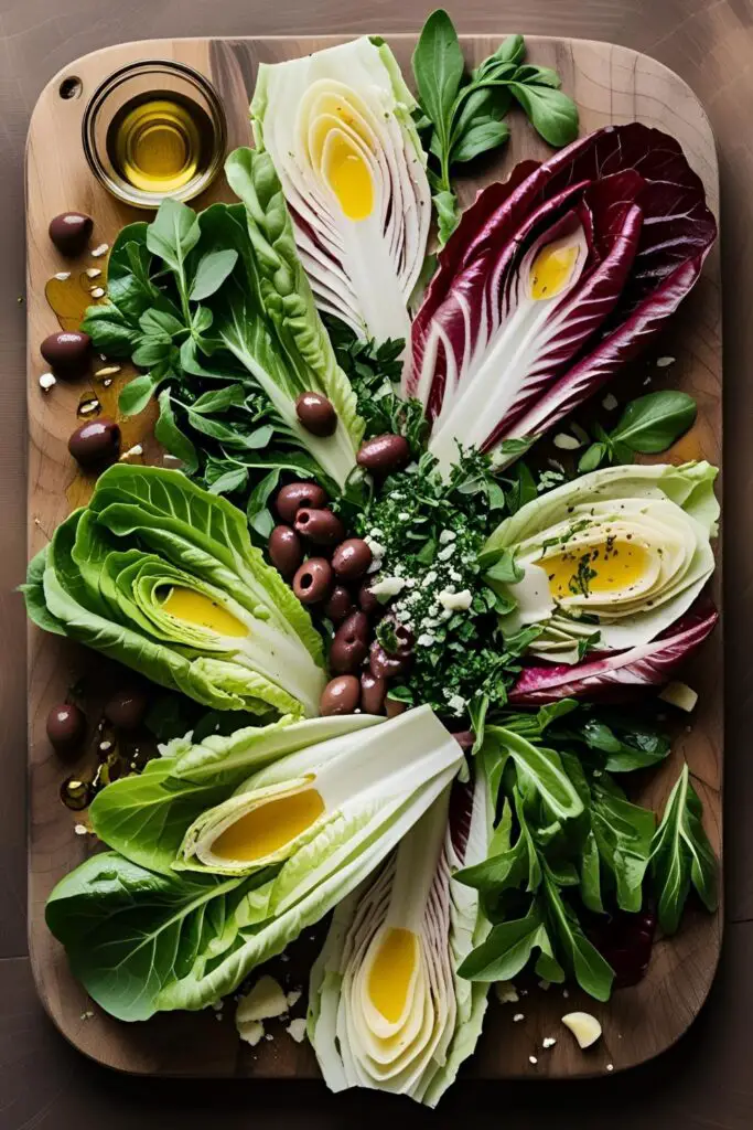 Fresh garden salad with olives and shredded radicchio
