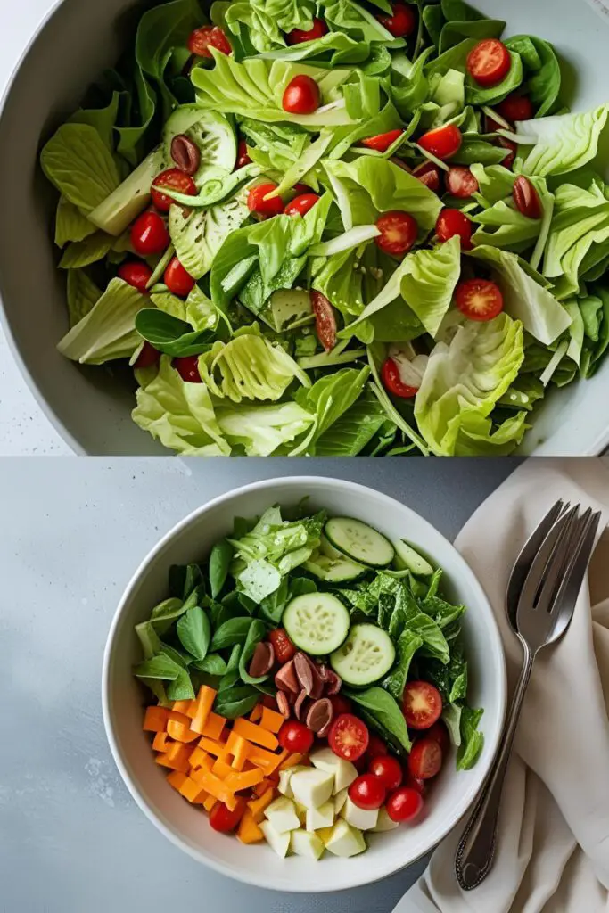 Close-up overhead shot of a vibrantly tossed Olive Garden-style salad