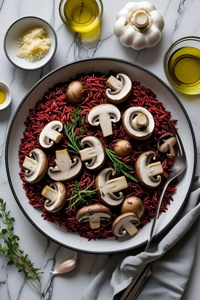 Close-up spoon lifting red rice risotto with oyster mushrooms and herbs.