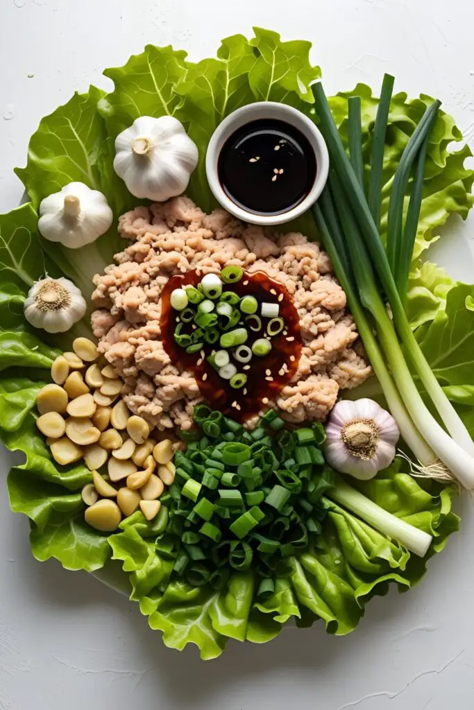 Close-up of a lettuce wrap with chicken and sauce.