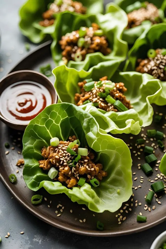 Overhead shot of platter of lettuce wraps filled with chicken.