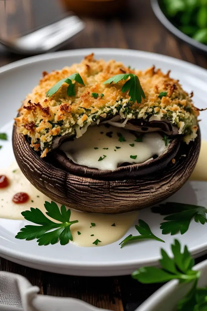 Plate of stuffed portobello mushrooms topped with parsley and Parmesan crumbs, ready for serving.