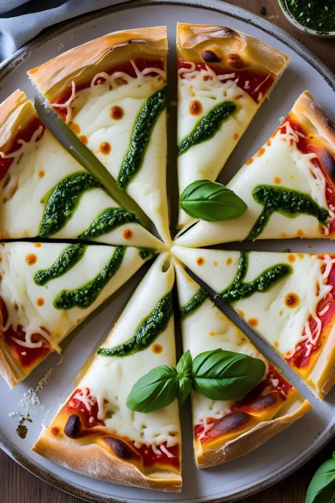 Close-up side view of a cheesy lasagna slice showing mushroom and pesto layers