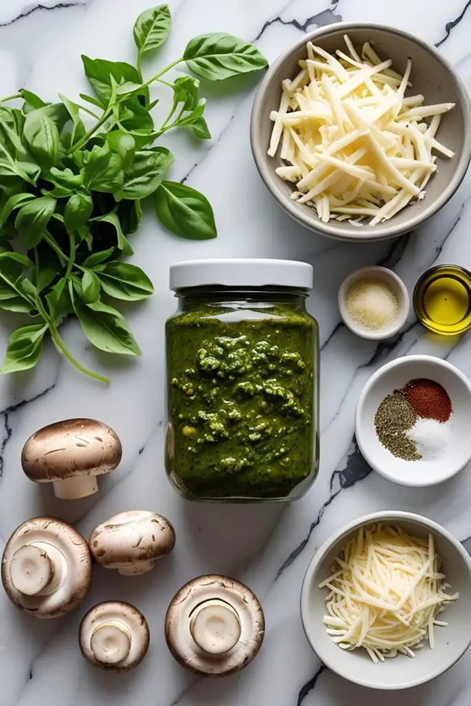 Close-up of baked pesto and mozzarella stuffed mushrooms, golden and gooey from the oven