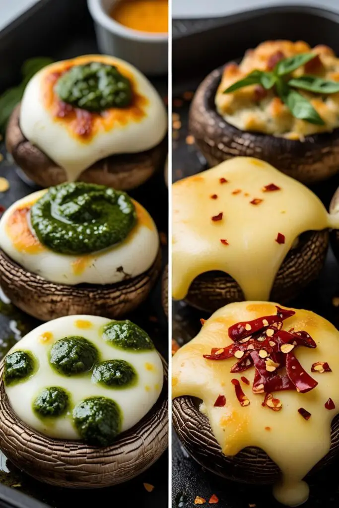 Rustic table setting with pesto and mozzarella stuffed mushrooms served in a ceramic dish