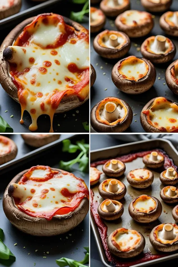 Gooey pizza mushroom with mozzarella cheese pull shot