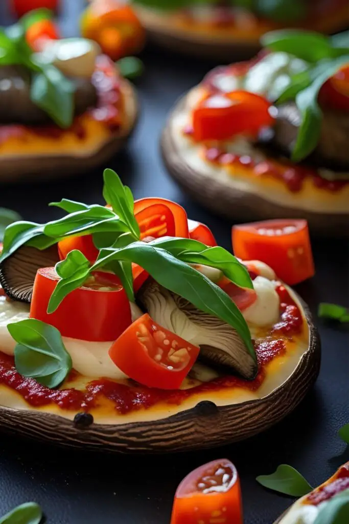 Close-up of gooey cheese-pulled pizza stuffed portobello mushrooms with fresh herbs and sauce on the side