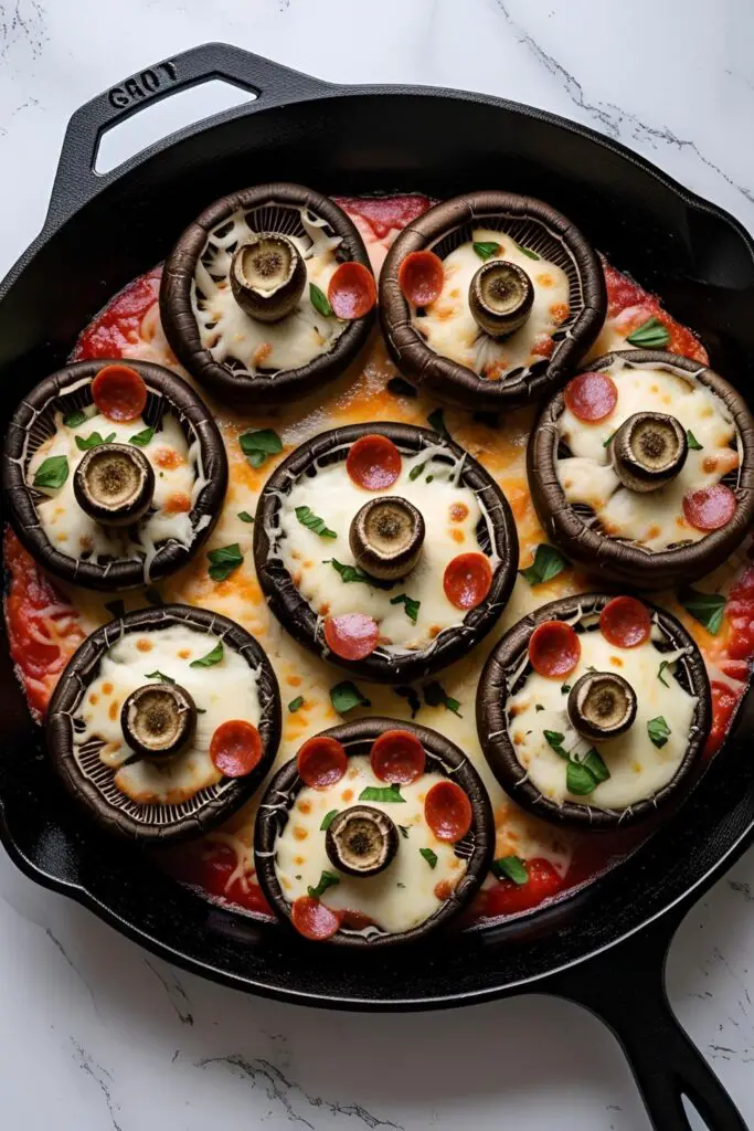 Side view of baked pizza stuffed portobello mushrooms in a cast-iron skillet, bubbling with cheese and topped with herbs