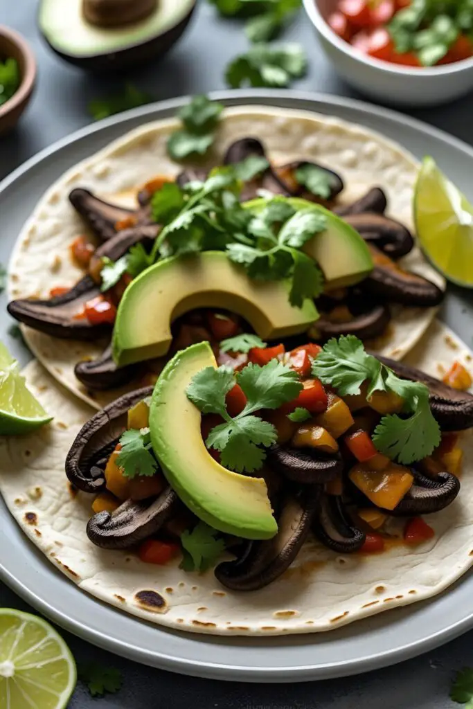 Close-up of vegan portobello mushroom fajitas stuffed into soft tortillas with toppings