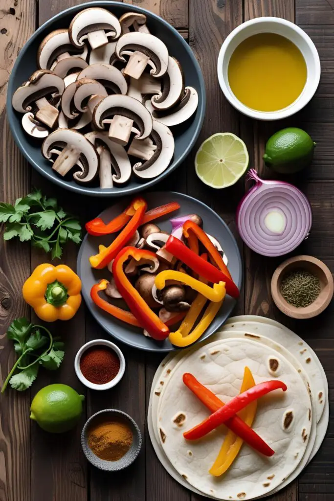  A sizzling skillet of portobello mushroom fajitas with red and yellow peppers