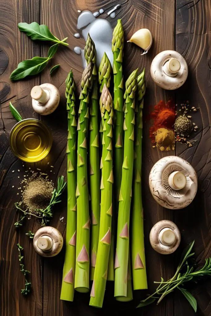 Close-up of sautéed asparagus and mushrooms on a white plate, ready to serve.