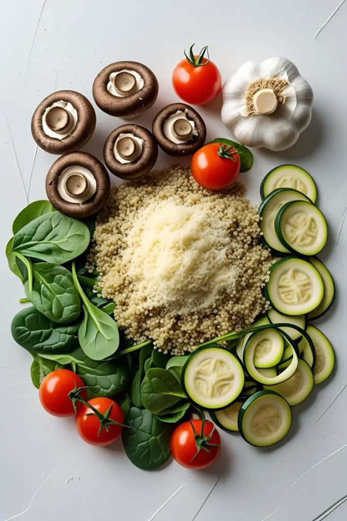 Close-up of a quinoa stuffed portobello mushroom with melted cheese on top.