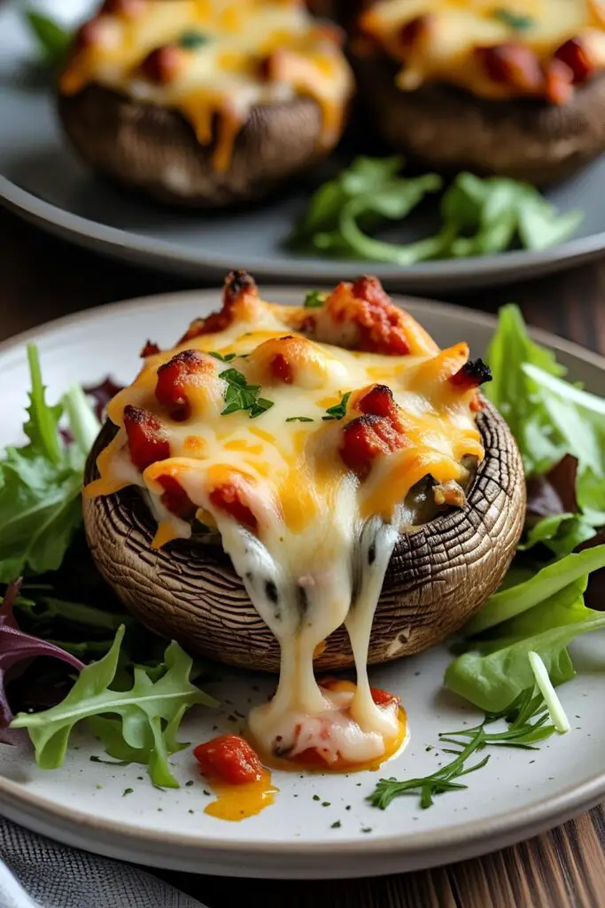 A serving of quinoa stuffed portobello mushrooms on a rustic plate with a side salad.