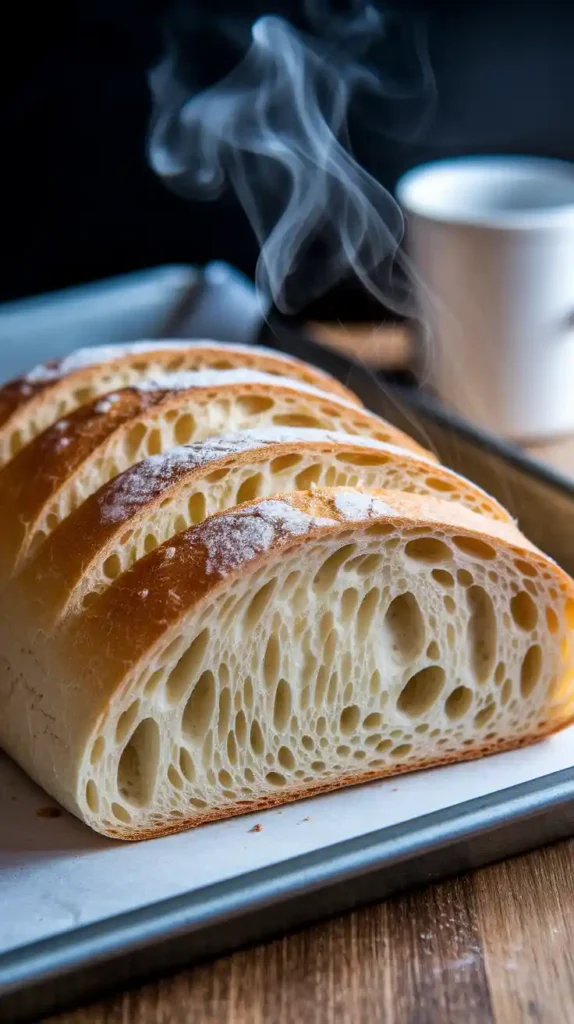  Whole ciabatta loaf on parchment, ready for slicing.