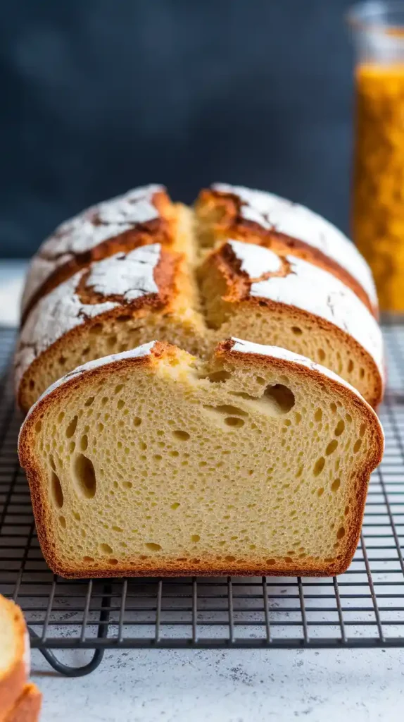 Close-up shot of bread crust and crumb detail of freshly baked soda bread.
