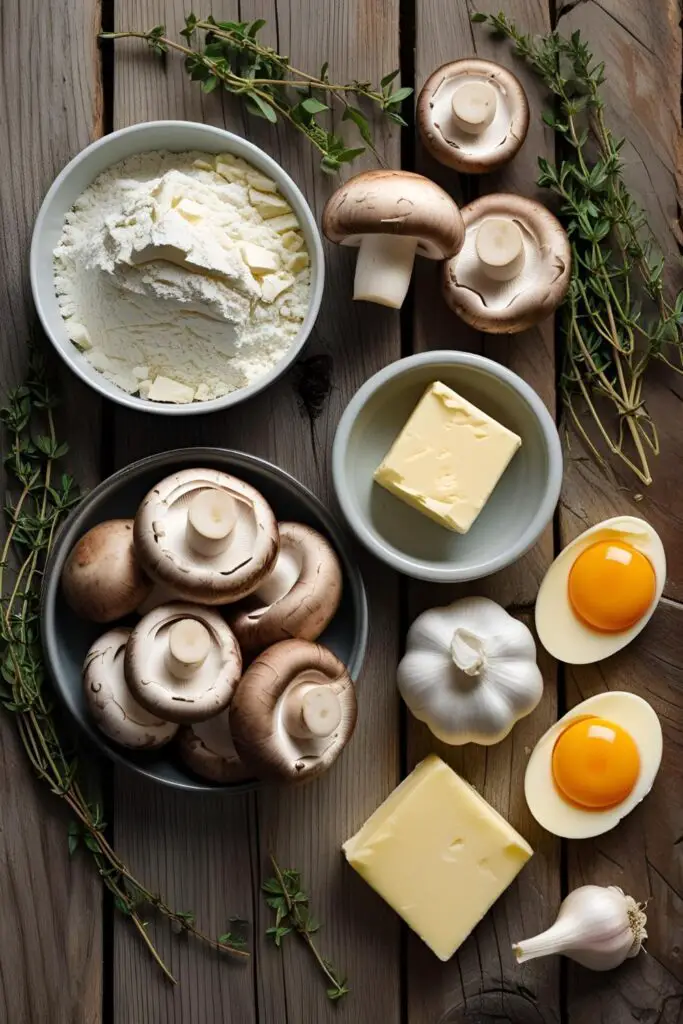 Overhead view of a mushroom galette with herbs and rustic pie crust baked to golden perfection