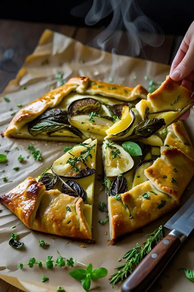 A cheese and mushroom galette cooling on a rustic pan with a sprig of thyme on top