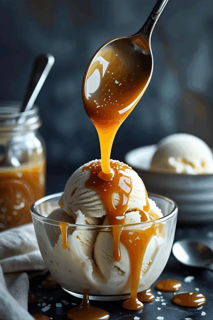 Close-up of salted caramel sauce being drizzled over a dessert in a jar.
Enjoy that caramel streak, chef!