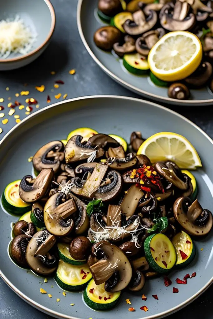  Delicious close-up of sauteed mushrooms and zucchini with garlic and herbs in a pan