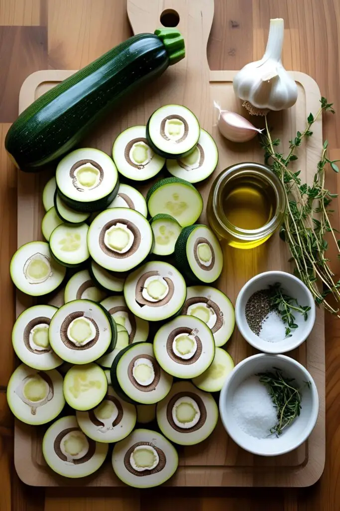 Garlic sauteed mushrooms and zucchini topped with herbs in a cast iron skillet