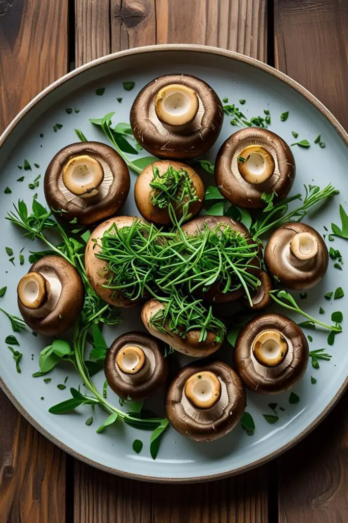  Sautéed shiitake mushrooms on rustic bowl with sprinkle of herbs