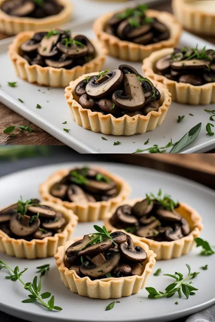 A plate of homemade mushroom tartlets garnished with fresh thyme, ready to be served.