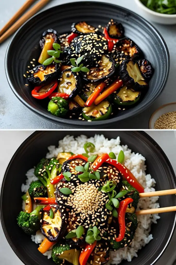 Baked sheet pan stir fry served over rice garnished with sesame seeds and green onions.
