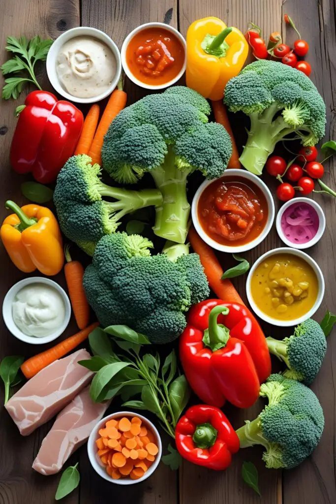  Close‑up of roasted vegetables and chicken on a sheet pan garnished with green onions.