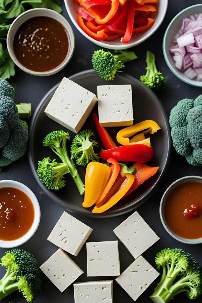 Close‑up of roasted tofu cubes and colorful veggies on a baking tray garnished with sesame seeds.