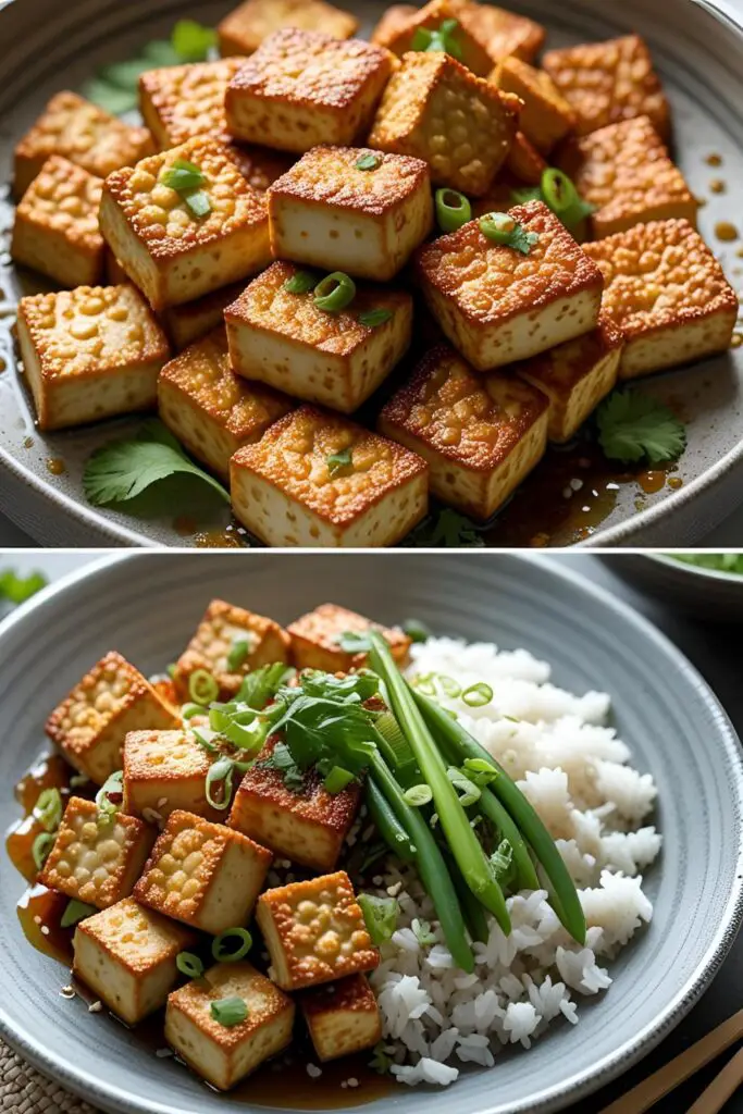 Golden tofu and roasted vegetables plated over quinoa, sprinkled with cilantro and sesame seeds.