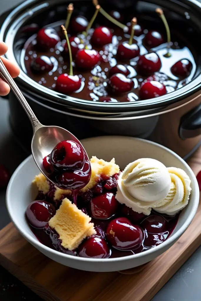 Warm slow cooker dessert topped with ice cream and cherry sauce.
Time to cozy up and let the slow cooker do the magic!