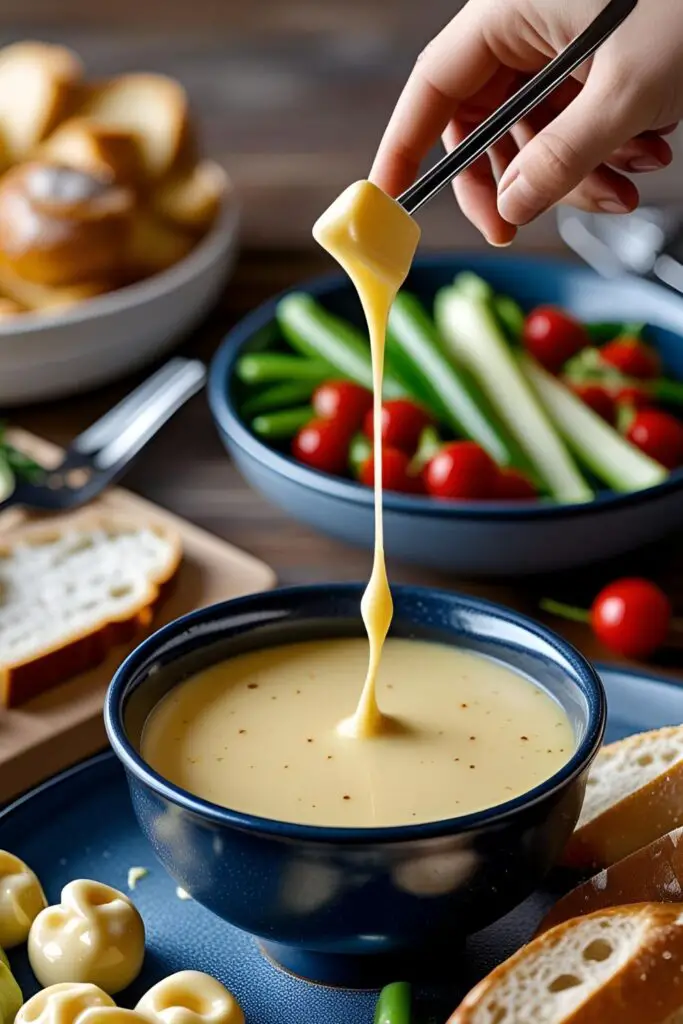 Close-up fondue pot with melted cheese and dipping fork