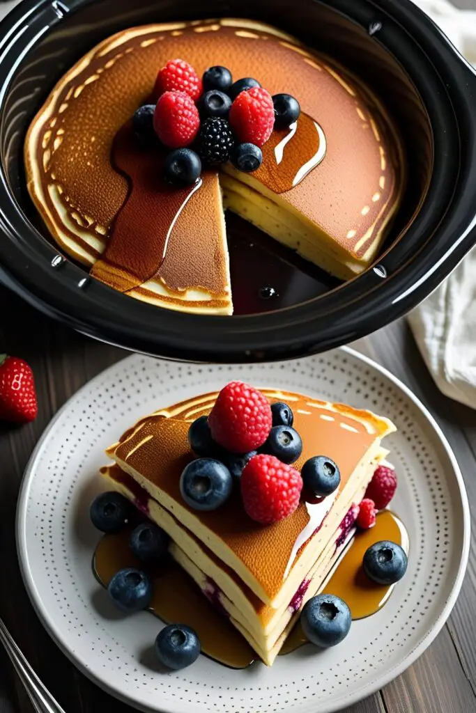 Overhead pancake cake cooked in slow cooker with fresh fruit.
