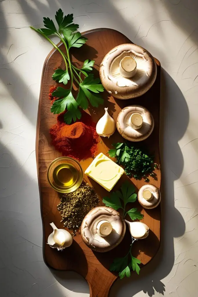 Flat lay of smoked garlic butter mushroom ingredients on a rustic wooden surface: fresh mushrooms, minced garlic, butter, smoked paprika, olive oil, parsley, and soy sauce, arranged naturally for a cozy kitchen vibe.