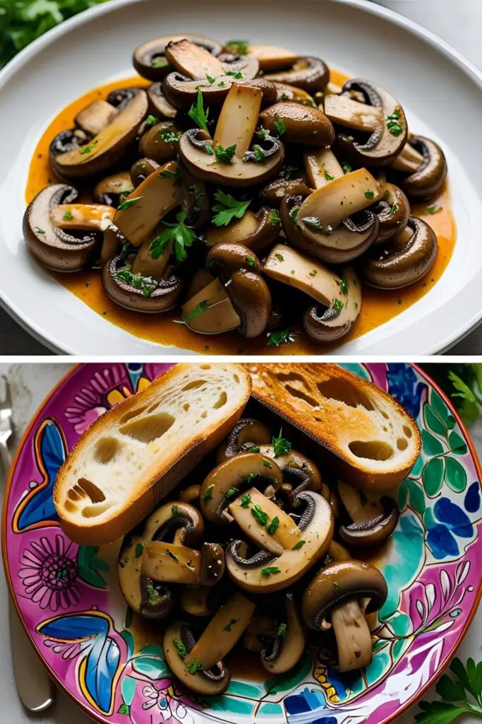 Plate of spicy sautéed mushrooms garnished with parsley and lemon wedge ready to serve