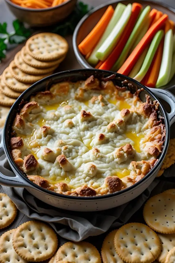 Bubbling hot spinach mushroom dip in a rustic baking dish, topped with golden melted cheese and flecks of sautéed mushrooms—surrounded by crackers and veggie dippers for the perfect party spread.