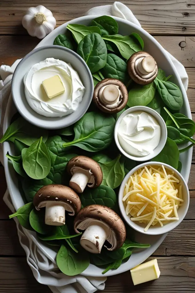 Bubbly spinach mushroom dip topped with melted cheese, surrounded by appetizer crackers.