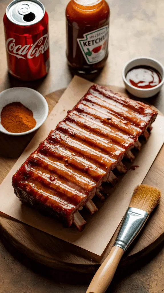 Close shot of caramelized Coca‑Cola ribs with charred edges.